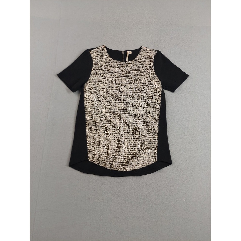 Petticoat Alley Women Top XS Black Tweed Short Sleeve Zipper Back Career Work